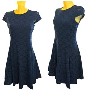 ALFANI Navy Lace Overlay Multilayer Midi Short Sleeve Dress